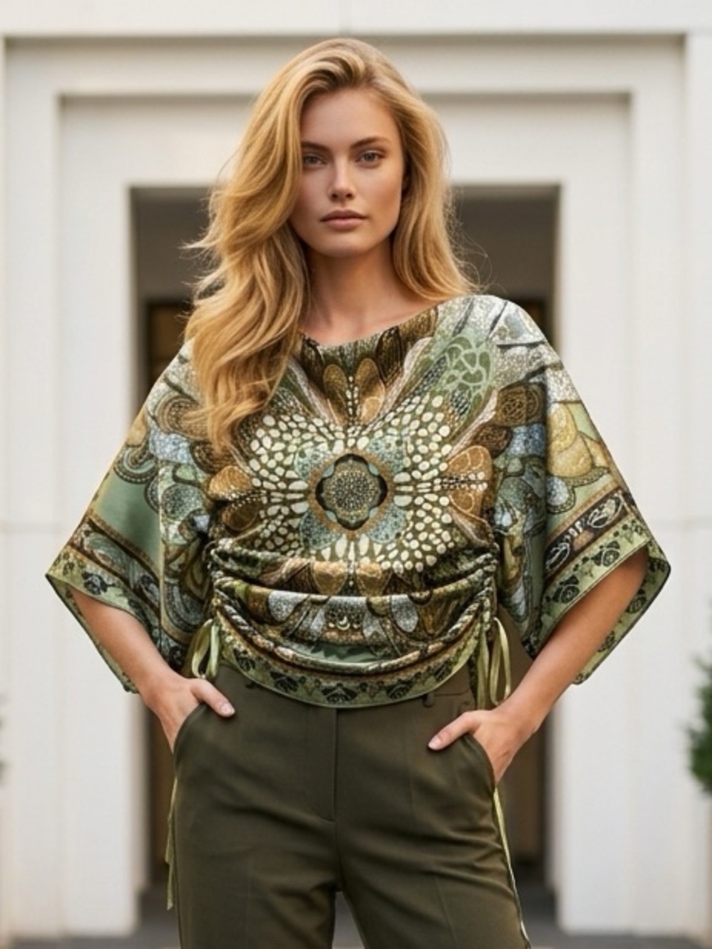 Bohemian Printed Dolman Blouse in Olive Green XS/S not worn